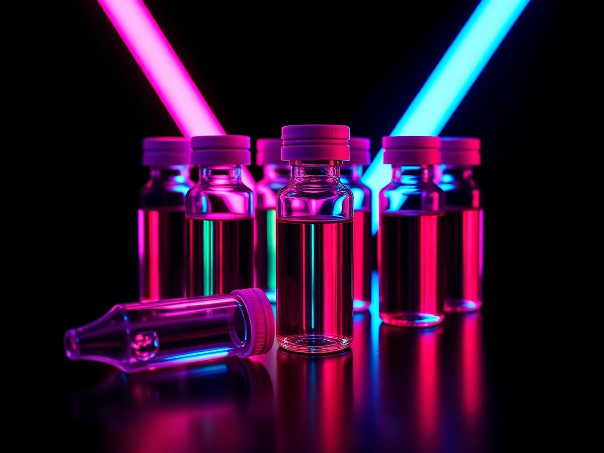 Amber peptide vials on black surface